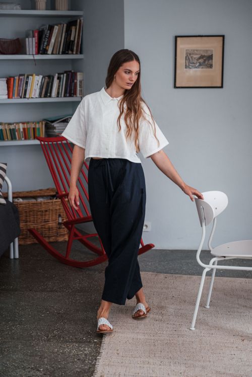 Kalhoty a ortky Sunna Len navy blue linen